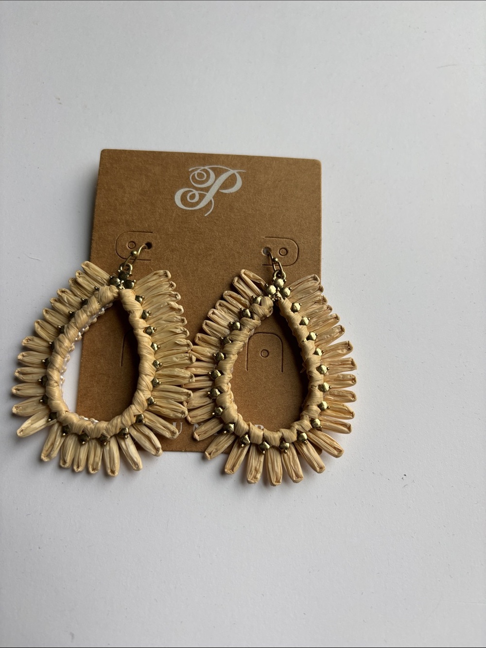 Beige Raffia Teardrop Statement Earrings